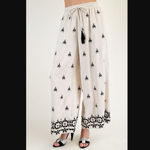 easel Pants - 531 EASEL Oatmeal Poly Linen Wide Leg Patterned Pants